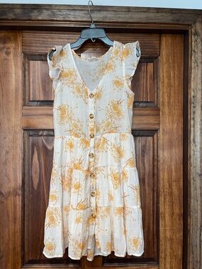 Sweet Wanderer Yellow Floral Ruffled Cap-Sleeve Button Dress small